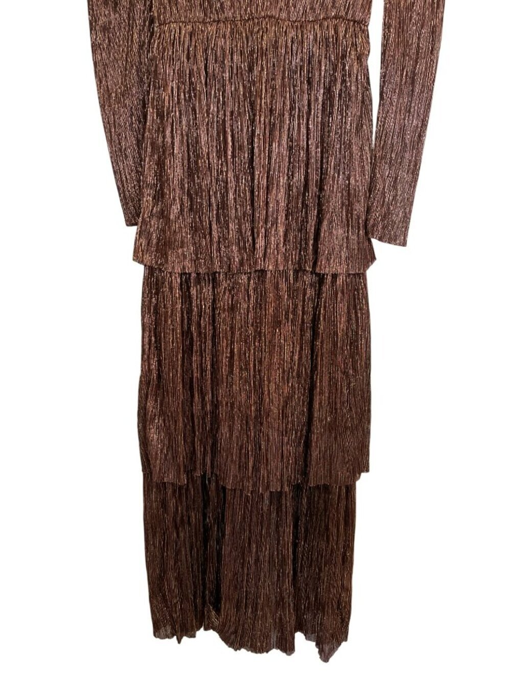 Sabina Musayev Carry Pleated Puff Sleeve Bronze Metallic Midi Tiered Dress - Picture 6 of 8